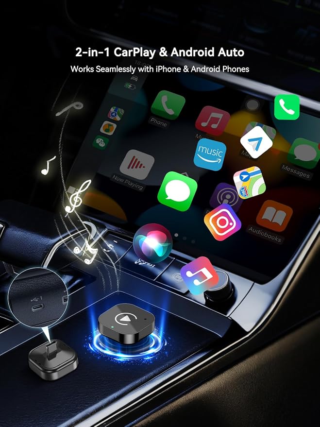 USB-C Wireless CarPlay & Android Auto Adapter with USB-A Converter, 2-in-1 Wireless CarPlay Adapter for Factory Wired CarPlay and Android Auto Cars, High-Speed 5GHz WiFi, Bluetooth 5.0