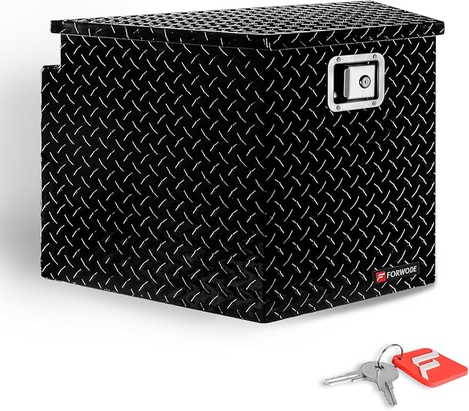 FORWODE Trailer Tongue Box 29 Inch Aluminum Tongue Tool Box Lockable Trailer Tool Chest with Gas Strut, Secure Diamond Plate Truck Tongue Tool Box for Trailer, Truck Bed, Pickup & RV Storage (Black)