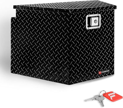 FORWODE Trailer Tongue Box 29 Inch Aluminum Tongue Tool Box Lockable Trailer Tool Chest with Gas Strut, Secure Diamond Plate Truck Tongue Tool Box for Trailer, Truck Bed, Pickup & RV Storage (Black)