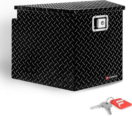 FORWODE Trailer Tongue Box 29 Inch Aluminum Tongue Tool Box Lockable Trailer Tool Chest with Gas Strut, Secure Diamond Plate Truck Tongue Tool Box for Trailer, Truck Bed, Pickup & RV Storage (Black)
