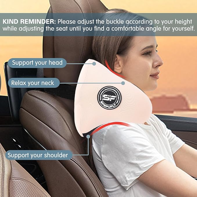SPRFUFLY Unique U-Shaped Car Headrest Pillow, Car Neck Pillow for Sleeping with Adjustable Strap, Space Memory Foam & Removable Cover, Ergonomic Design - Extreme Comfort Car Pillow(Beige, 1P)