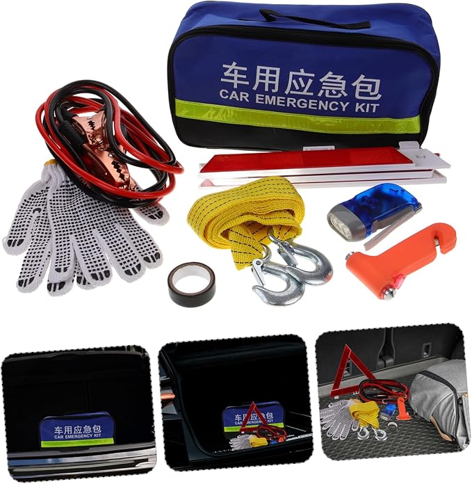 GANAZONO 8-Piece Car Roadside Emergency Tool Kit Multi-Functional Vehicle Accessories for Roadside Assistance and Inspection Includes Jumper Cables Flashlight