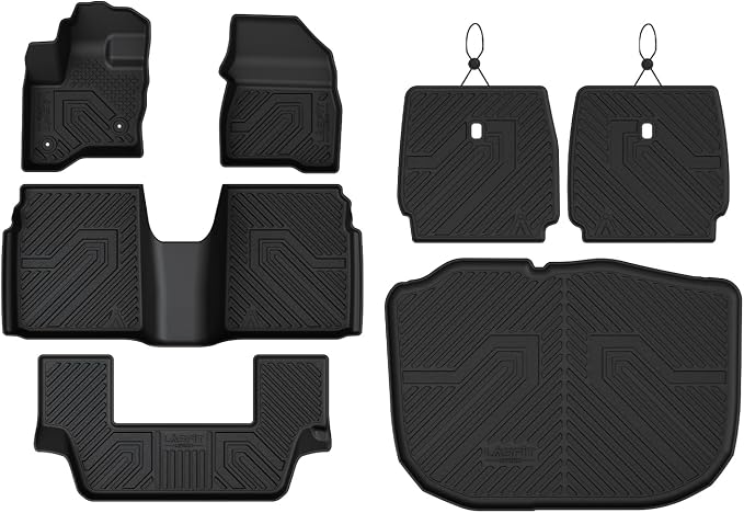 LASFIT All Weather Floor Mat Set for 2009–2019 Ford Flex & 2010–2019 Lincoln MKT – 3 Rows Custom Fit Floor Mats + Cargo Liner & Seat Back Protectors – Premium TPE Interior Full Coverage Protection