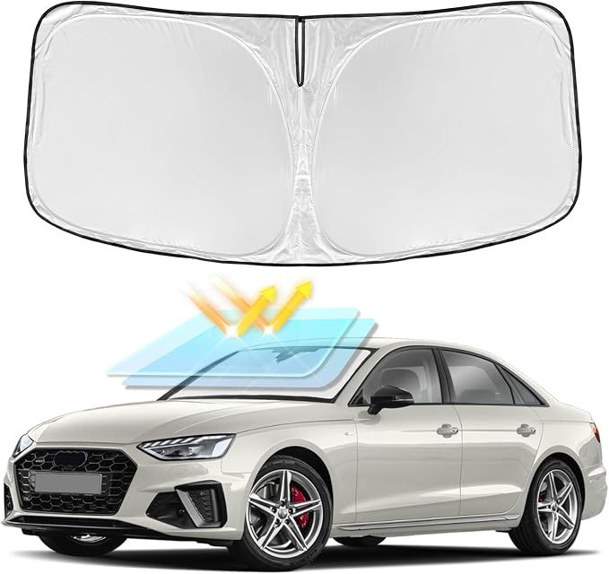 for Audi A4 2017-2024 2025 Windshield Sun Shade - 4 Layers Car Sunshades for Front Windows Shade Cover Custom Fit A4 Sun Visor 250T Retractable Shade Blocks UV Rays Car Accessories