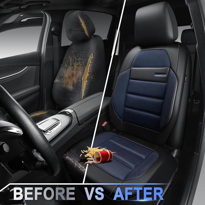 CAR PASS Memory Foam Seat Covers Front, Airy Cool Mesh Thick Car Seat Covers, Leather Car Seat Covers Front Seats Airbag Compatible, Universal Automotive Comfort for Most Cars, Trucks, SUV, Black Blue