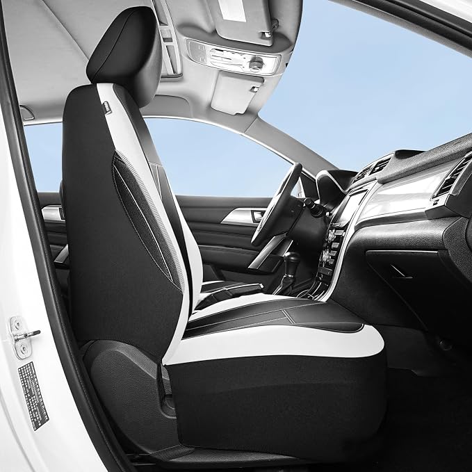 HChengkikz Car Seat Covers Front Seat, Waterproof Neoprene Seat Covers, Car Seat Cover Airbag Compatible, Universal Automotive Comfort for Most Cars, Trucks, SUVs (Black + White)