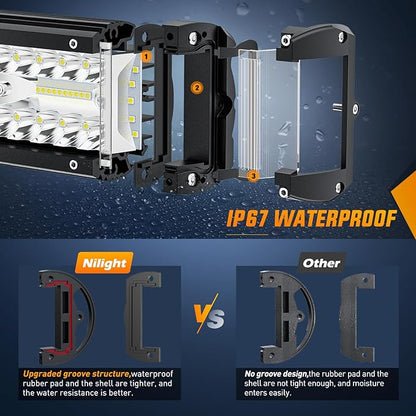 Nilight Side Shooter LED Light Bar Set 12 Inch Triple Row Spot Flood Combo Lights 2PCS 4.3Inch Pods with 5Pin Rocker Switch Wiring Harness Kit for Off-Road Truck ATV UTV Boat