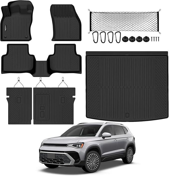 Tongama-Floor Mats for 2022-2026 Volkswagen Taos AWD(Only Fit Cargo in Upper Deck Position), All Weather TPE Trunk Mat and Backrest Mats Protectors and Cargo Net for VW Taos Floor Liner Accessories