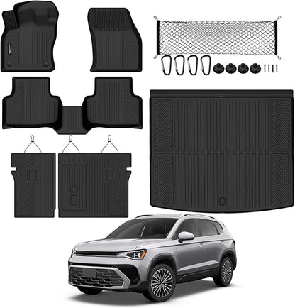 Tongama-Floor Mats for 2022-2026 Volkswagen Taos AWD(Only Fit Cargo in Upper Deck Position), All Weather TPE Trunk Mat and Backrest Mats Protectors and Cargo Net for VW Taos Floor Liner Accessories