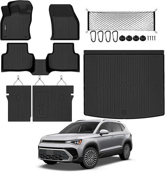 Tongama-Floor Mats for 2022-2026 Volkswagen Taos AWD(Only Fit Cargo in Upper Deck Position), All Weather TPE Trunk Mat and Backrest Mats Protectors and Cargo Net for VW Taos Floor Liner Accessories