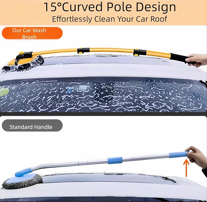 Car Wash Brush with Long Handle, 15°Curved Car Cleaning Brush with Extension Pole Scratch Free, Microfiber Exterior Cleaning Mop Mitt for Washing Roof Truck Camper SUV (2)