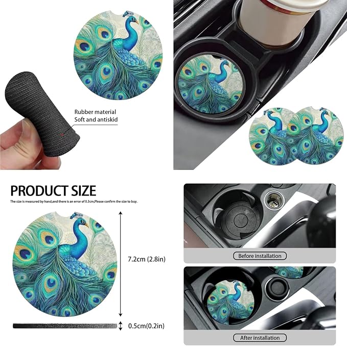 Retro Aesthetic Peacock 10 Piece Car Set, Aesthetic Bird Oil Painting Universal Steering Wheel Cover Classical Peacock Front Seat Rear Bench for Truck SUV Sedan, Car Decor