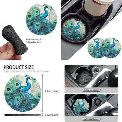 Retro Aesthetic Peacock 10 Piece Car Set, Aesthetic Bird Oil Painting Universal Steering Wheel Cover Classical Peacock Front Seat Rear Bench for Truck SUV Sedan, Car Decor