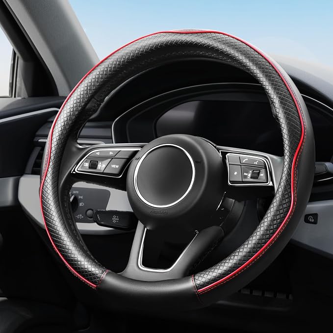 YHONGJT Soft Premium Leather Steering Wheel Cover, Breathable, Non-Slip Grip, Universal 15 Inch for Women Girls, Fit Vehicles, Sedans, SUVs, Vans, Trucks - Black with Red Line