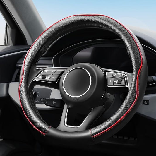 YHONGJT Soft Premium Leather Steering Wheel Cover, Breathable, Non-Slip Grip, Universal 15 Inch for Women Girls, Fit Vehicles, Sedans, SUVs, Vans, Trucks - Black with Red Line
