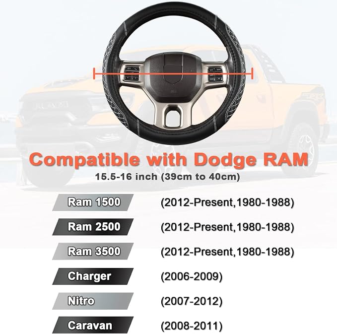 West Llama Customized Auto Car Steering Wheel Cover for Dodge RAM 1500 2500 3500, 15.5-16 inch (Diamond Quilted-Black+Gray-Large Size)