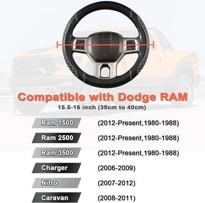 West Llama Customized Auto Car Steering Wheel Cover for Dodge RAM 1500 2500 3500, 15.5-16 inch (Diamond Quilted-Black+Gray-Large Size)