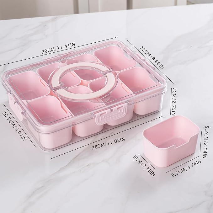 WACOI Divided Snack Serving Tray with Lid and Handle Travel Snackle Charcuterie Container Portable Storage Organizer for Candy, Fruits, Nuts, Snacks, Party, Picnic (1pack, Pink)
