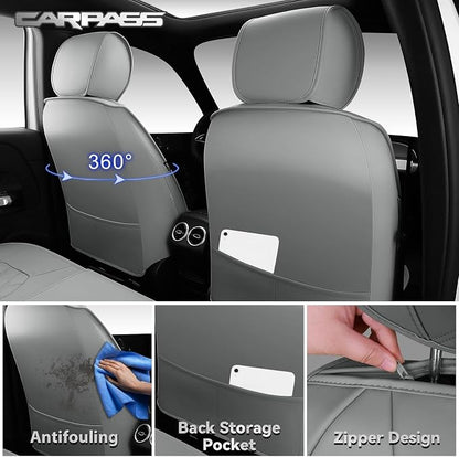 CAR PASS Luxury Nappa Leather Seat Covers Full Set, 3D Rhombus Waterproof Faux Leather Seat Covers, Universal Automotive Seat Cushion Fit for Most Sedan SUV Truck Van, Armrest Airbag Compatible Gray