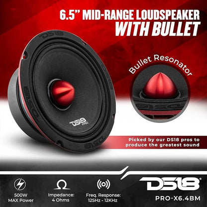 DS18 Mid and High Car Speaker Package - 2X 6.5" Midrange, 2X 1" Tweeters, Built-in Crossover