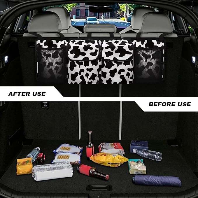 Black Cow Spots Car Trunk Organizer Sturdy Car Storage Organizer Auto Hanging Seat Back Storage for SUV,Truck,Van