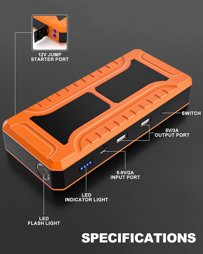 Portable Car Jump Starter, 4000A Peak Battery Charger, 12V Jump Box for Truck up to 10L Diesel, Motorcycle, Dual USB Power Bank, LED Light, Great Battery Jumper for Road Side Emergency Kit for Car