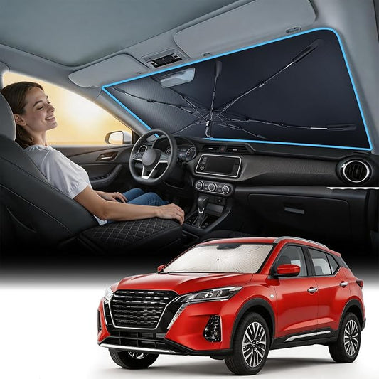 Nmoiss [Vinyl Coating Heat Shield] Windshield Sun Shade Umbrella Custom for Nissan Kicks, Protect Car from Sun Rays & Heat Damage Keep Cool and Protect Interior