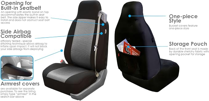 FH Group FH-FB302114 All Purpose Flat Cloth Car Seat Covers Gray/Black Color with F11306 Vinyl Floor Mats- Fit Most Car, Truck, SUV, or Van