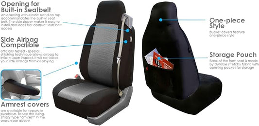 FH Group All Purpose Flat Cloth Car Seat Covers for Bucket Seats, 2 Piece Universal Fit, Washable Seat Covers for SUV, Sedan, Van - Front Set Gray