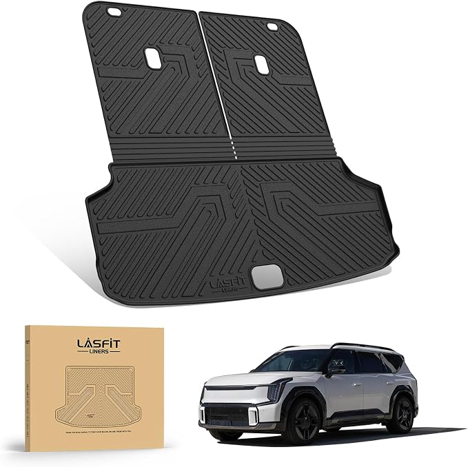 LASFIT Backrest & Cargo Mats for Kia EV9 2024-2026, All Weather TPE Easy Clean Durable No-Curling Custom Fit for Kia EV9 2026 2025 2024 Trunk Liners & Seatback, Black