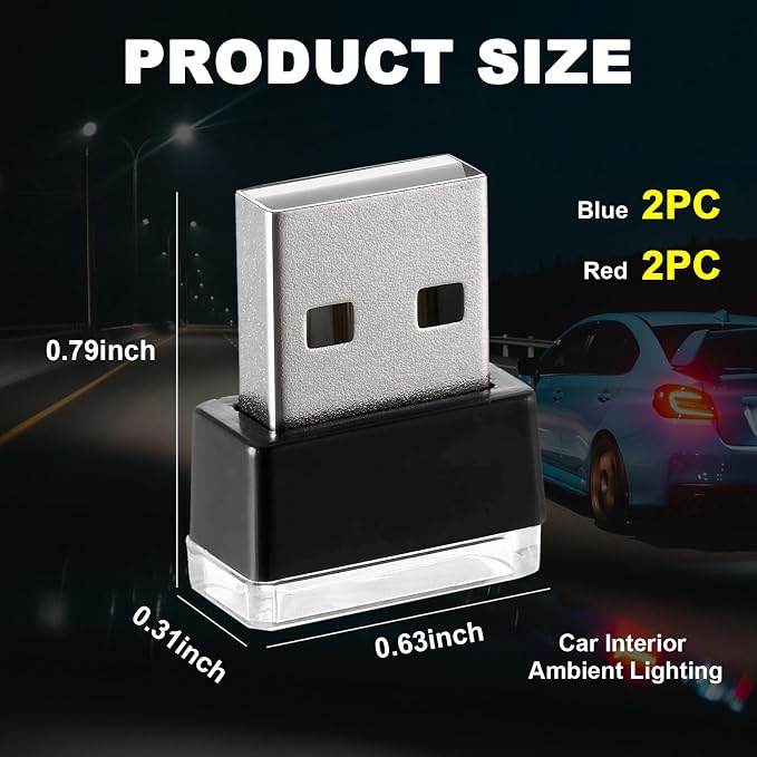 Ziciner 4 PCS USB LED Car Interior Atmosphere Lamp, Portable Mini LED Night Light, Plug-in USB Interface Trunk Ambient Lighting Kit, Universal Interior Accessorie (Red, Blue)