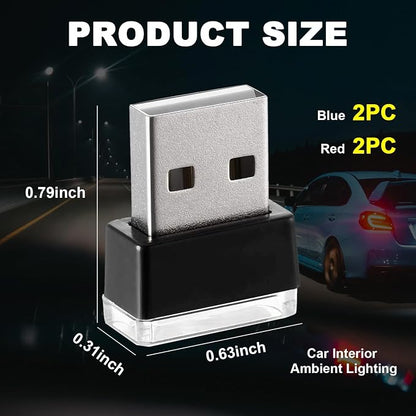 Ziciner 4 PCS USB LED Car Interior Atmosphere Lamp, Portable Mini LED Night Light, Plug-in USB Interface Trunk Ambient Lighting Kit, Universal Interior Accessorie (Red, Blue)