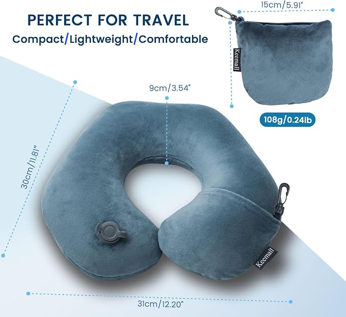 Keemall Inflatable Travel Neck Pillow for Airplane Train Car Washable Pillowcase U Shaped Office Napping Pillow
