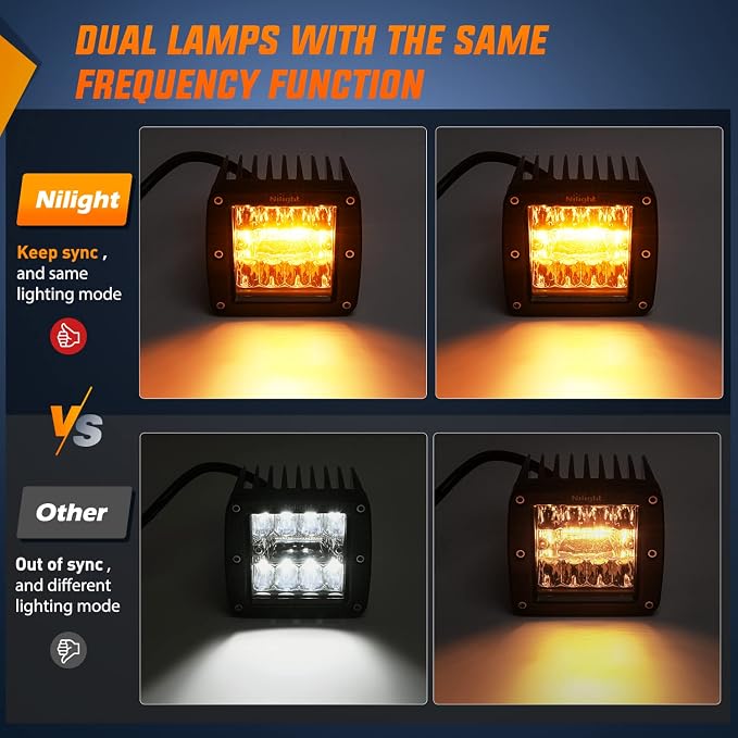 Nilight 2PCS 42W Light Bar 3Inch Cube Pod Light Amber White Strobe 6 Modes Memory Function, Ideal for Fog & Snow Conditions, Off-Road Truck Car ATV Jeep Boat with 16AWG Wiring Harness Kit-2 Leads