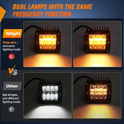 Nilight 2PCS 42W Light Bar 3Inch Cube Pod Light Amber White Strobe 6 Modes Memory Function, Ideal for Fog & Snow Conditions, Off-Road Truck Car ATV Jeep Boat with 16AWG Wiring Harness Kit-2 Leads