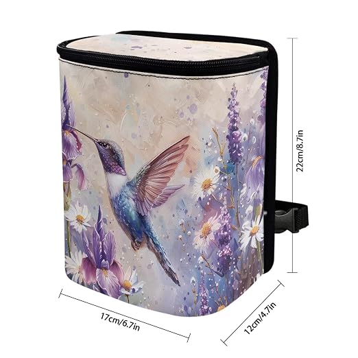 Talayituse Hummingbird Daisy Lavender Print Car Trash Bin, Large Size Auto Trash Can Adjustable Portable Garbage Can with Lid, Vehicle Hanging Bag for Headrest Front Back Seat
