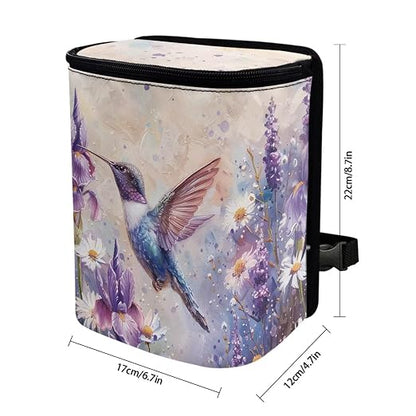 Talayituse Hummingbird Daisy Lavender Print Car Trash Bin, Large Size Auto Trash Can Adjustable Portable Garbage Can with Lid, Vehicle Hanging Bag for Headrest Front Back Seat