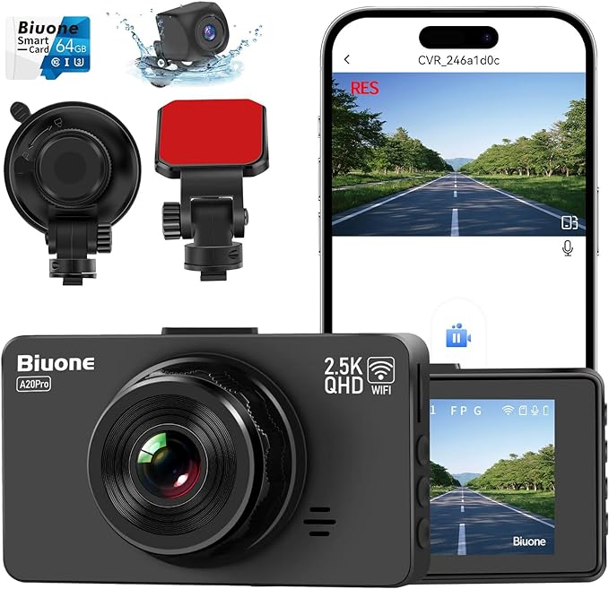 Dash Cam Front and Rear Dash Camera WiFi/APP Control Car Camera with 64G Card 2.5K Front Dash Cam+1080P Rear Dashcams with Super Night Vision, Loop Recording, G-Sensor