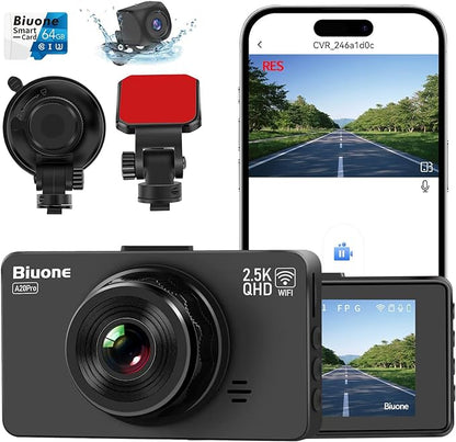 Dash Cam Front and Rear Dash Camera WiFi/APP Control Car Camera with 64G Card 2.5K Front Dash Cam+1080P Rear Dashcams with Super Night Vision, Loop Recording, G-Sensor