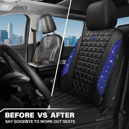 CAR PASS Bling Diamond Black Leather Car Seat Covers for 2 Front Interior Sets, Waterproof Shining Glitter Sparkly Crystal Universal Armrest Fit Automotive Truck SUV Cute Women Girl, Blue Rhinestone