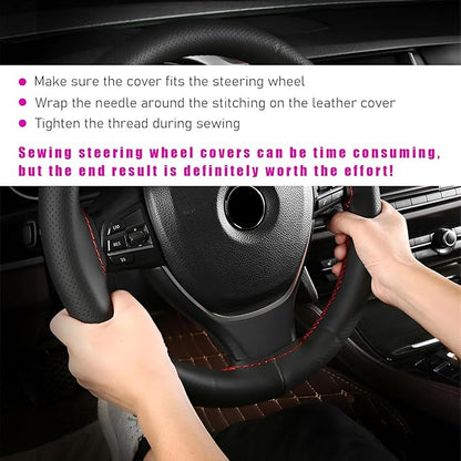 Ziciner Genuine Leather Steering Wheel Cover, Stitch on Wrap, Breathable Anti-Slip Car Steering Wheel Protector for Max Diameter 15 Inch, DIY Sewing with Needles Thread (Black/Red Line, Glossy)