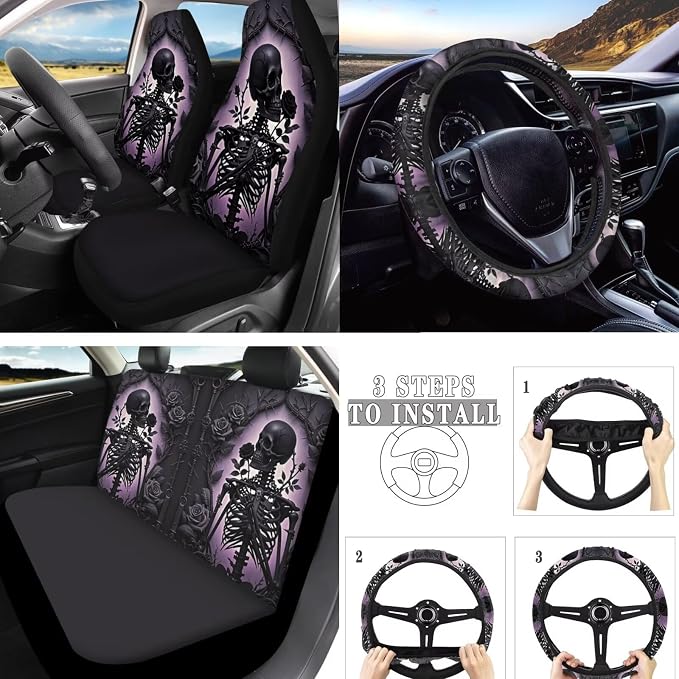 Skeleton 10 Pcs Car Seat Covers Full Set, Gothic Black Rose Skeleton Breathable Front Rear Seat Cover Halloween Skull Horror Decor Steering Wheel Protector for Car Truck SUV