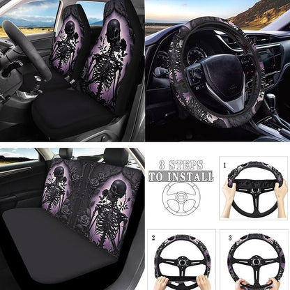 Skeleton 10 Pcs Car Seat Covers Full Set, Gothic Black Rose Skeleton Breathable Front Rear Seat Cover Halloween Skull Horror Decor Steering Wheel Protector for Car Truck SUV