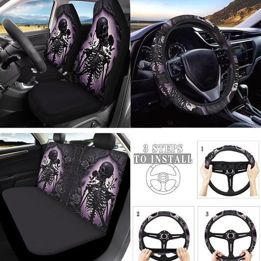 Skeleton 10 Pcs Car Seat Covers Full Set, Gothic Black Rose Skeleton Breathable Front Rear Seat Cover Halloween Skull Horror Decor Steering Wheel Protector for Car Truck SUV