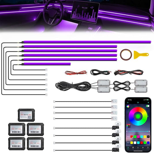 Acrylic Interior Car LED Strip Light with Wireless APP, RGB 18 in 1 with 175 inches 600 LEDs Fiber Optic Strip Lights for Car, Dynamic Chasing Sound Active Neon Car Ambient Lighting Kits