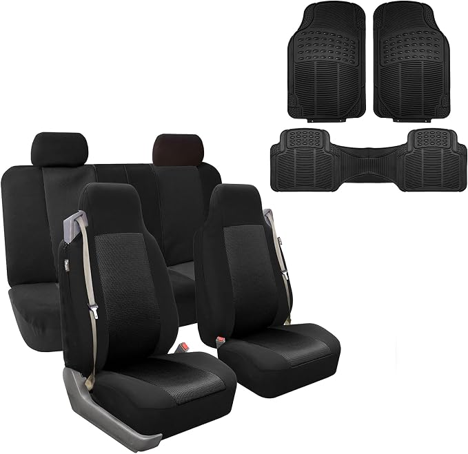 FH Group FH-FB302114 All Purpose Flat Cloth Car Seat Covers Solid Black Color with F11306 Vinyl Floor Mats- Fit Most Car, Truck, SUV, or Van