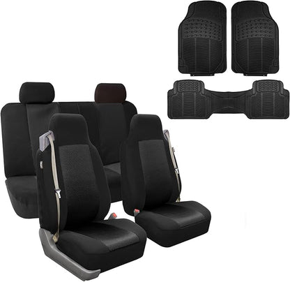 FH Group FH-FB302114 All Purpose Flat Cloth Car Seat Covers Solid Black Color with F11306 Vinyl Floor Mats- Fit Most Car, Truck, SUV, or Van