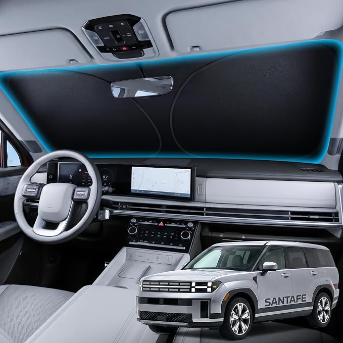 for Hyundai Santa Fe Windshield Sunshade [OEM Design, 100% Sun Blockage] Foldable Heat Insulation Sun Shade with Storage Bag, for Hyundai Santa Fe (2019-2026), Silver Coating