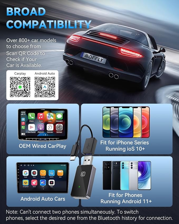 PWAYTEK 2026 Upgraded 2 in 1 Wireless CarPlay & Android Auto Adapter, USB A/C Dongle Convert Factory Wired for iOS 10+ & Android 11+(Black)