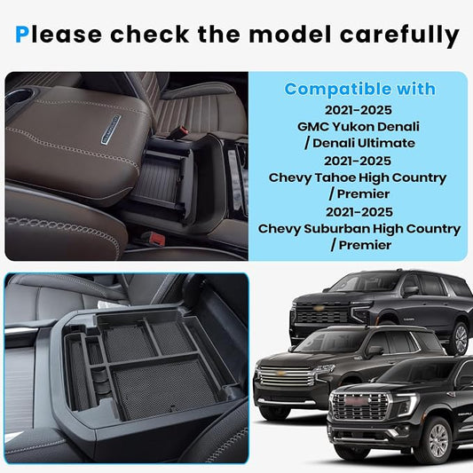 Center Console Organizer Tray Compatible with 2021 2022 2023 2024 2025 2026 GMC YuKon Denali, Chevy Suburban/Tahoe Armrest Storage Box Interior Accessories (Fit for Power-Sliding Console ONLY)